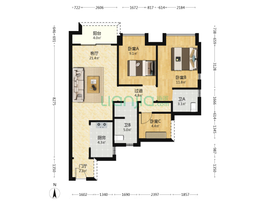 东原印阅府 3室1厅2卫 96平方