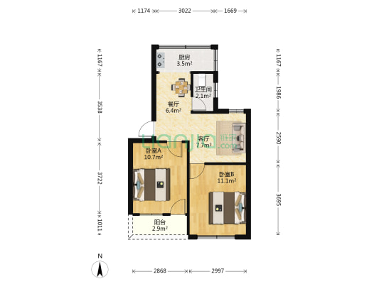 公路局宿舍 2室2厅1卫 69平方