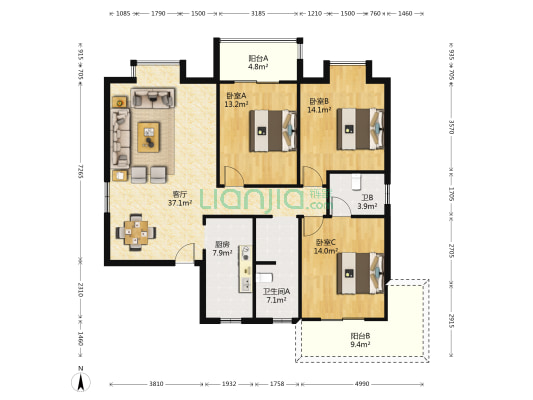 盛德碧瑞庭 3室1厅2卫 135平方