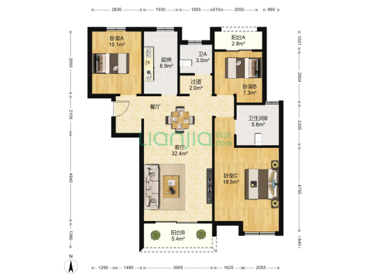 雨润星雨华府北区 3室1厅2卫 115平方