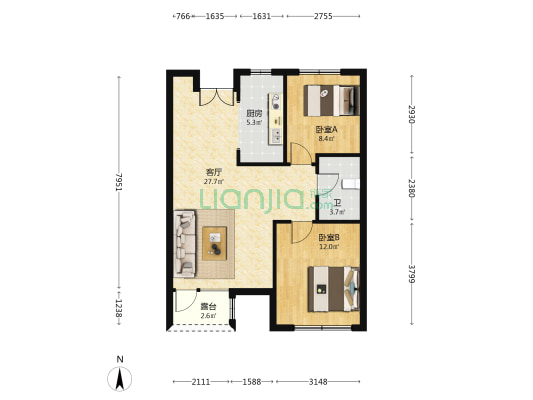 国仕花语苑 2室1厅1卫 90平方
