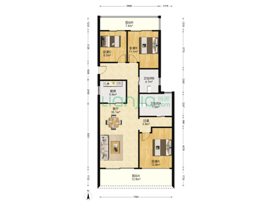 绿城玫瑰园 3室1厅2卫 137平方