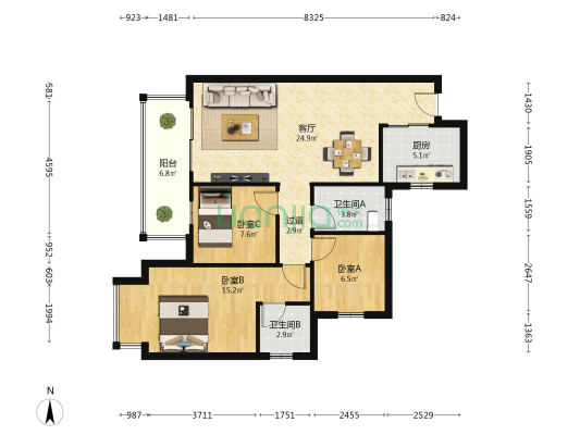 银河江湾明珠 3室1厅2卫 94平方