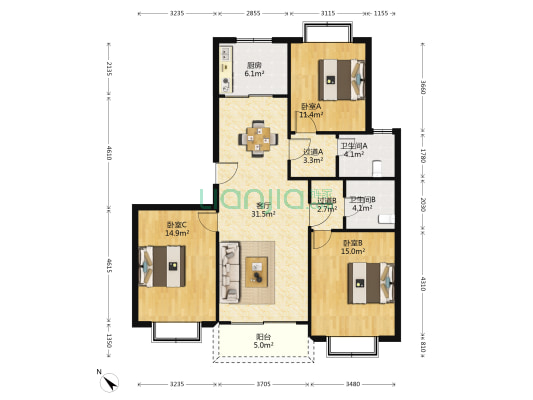 汇丰佳苑 3室1厅2卫 123平方
