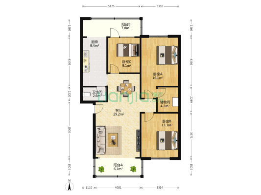 中央花园一期 3室1厅1卫 109平方