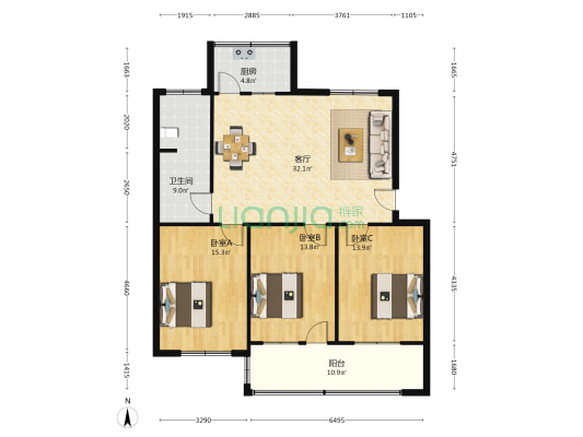 光明小区 3室1厅1卫 119平方