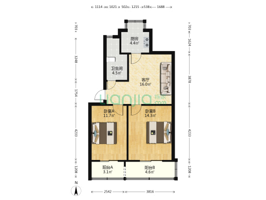 经七路21号院 2室1厅1卫 66平方