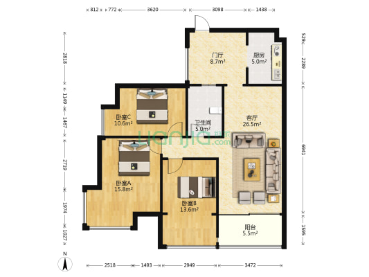 国际城C组团 3室1厅1卫 100平方