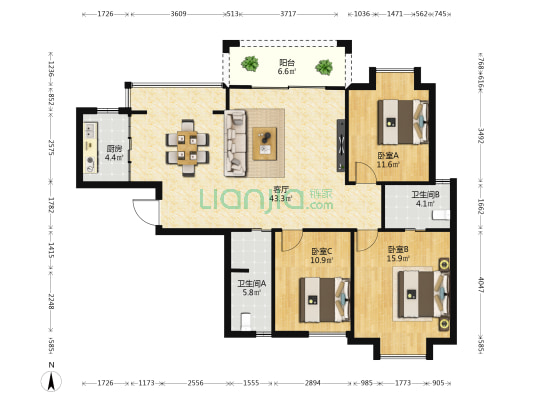 振宁.阳光康城 3室1厅2卫 120平方