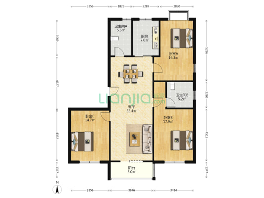 太仓人家 3室1厅2卫 136平方