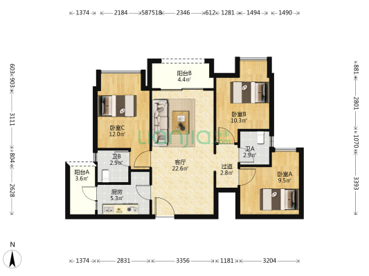 映湖十里A区 3室1厅2卫 90平方