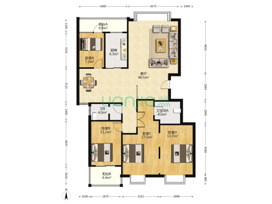 金信阳光在线 4室1厅2卫 155平方