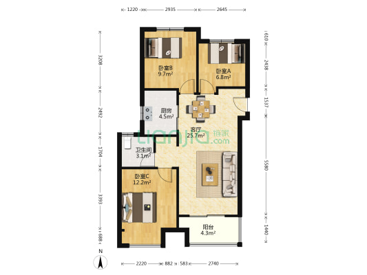 万科城湖心岛 3室1厅1卫 96平方
