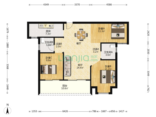 首创天阅一江源 3室1厅2卫 114平方