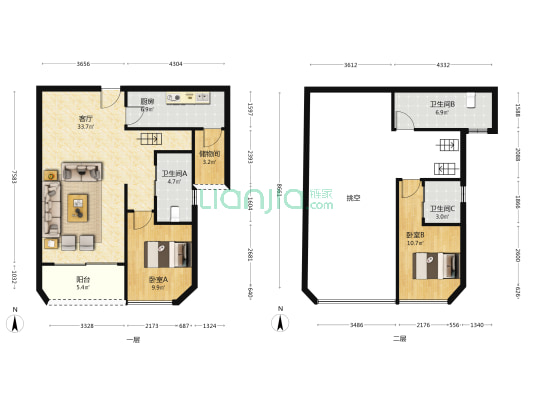 富兴时代御城 2室1厅3卫 133平方
