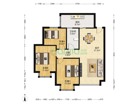 富渝苑A区 3室1厅1卫 85平方