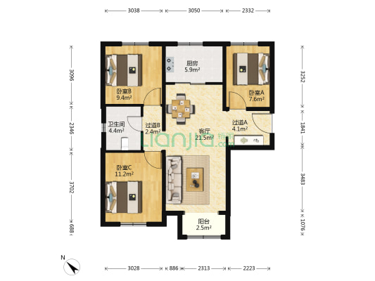 安馨家园 3室1厅1卫 114平方