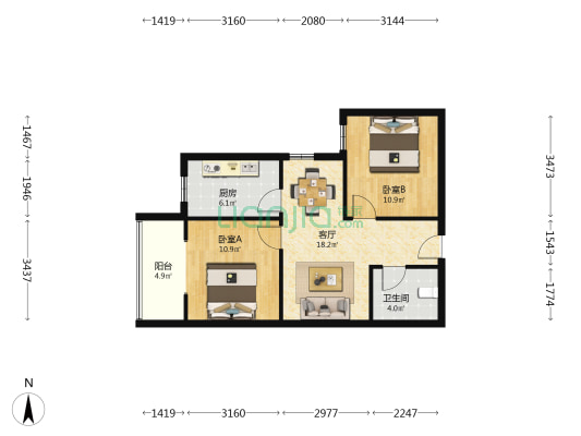 三府湾天悦小区 2室1厅1卫 77平方