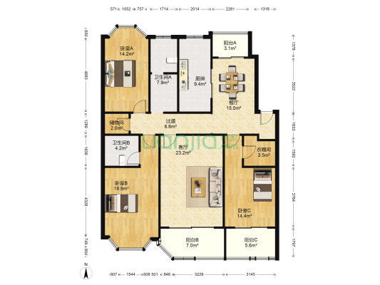 众安国泰花园 3室2厅2卫 149平方