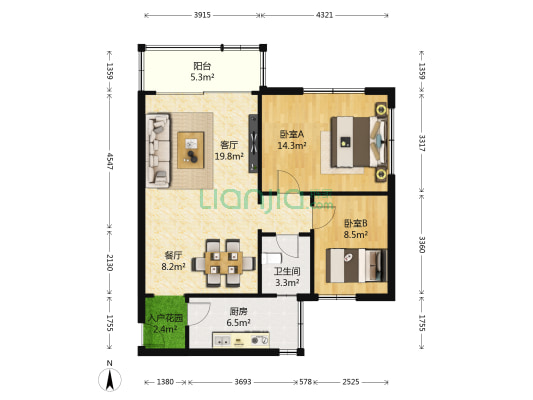 圆明山庄 2室2厅1卫 78平方