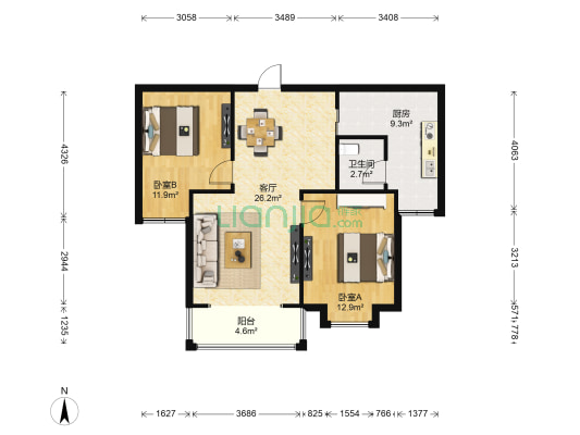 蓝天郡 2室1厅1卫 87平方