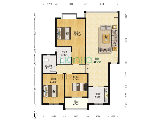 金色阳光 3室1厅2卫 112平方