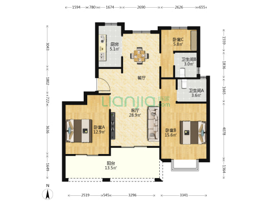 翰墨府 3室1厅2卫 105平方