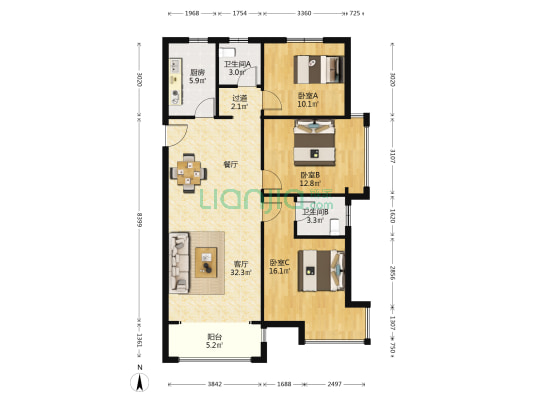 亚星环翠居 3室1厅2卫 122平方