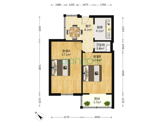 铜丝街2号 2室1厅1卫 53平方