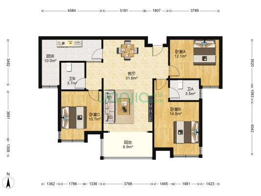 长瑞锦城 3室1厅2卫 120平方