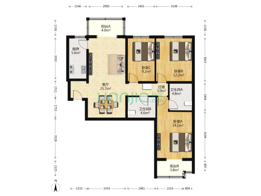 大方家胡同 3室1厅2卫 111平方