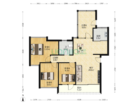 华南理工大学宿舍西秀村 3室1厅1卫 86平方