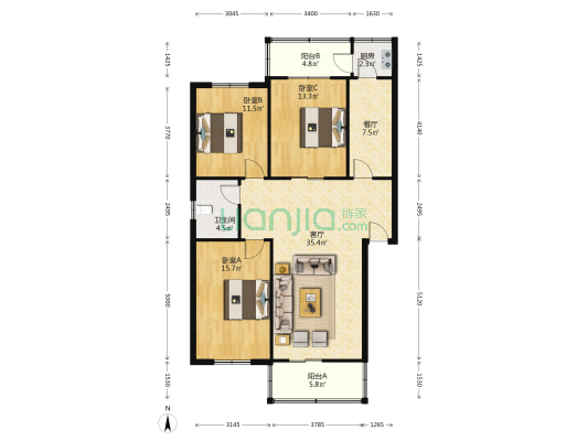 天泰花园 3室2厅1卫 123平方