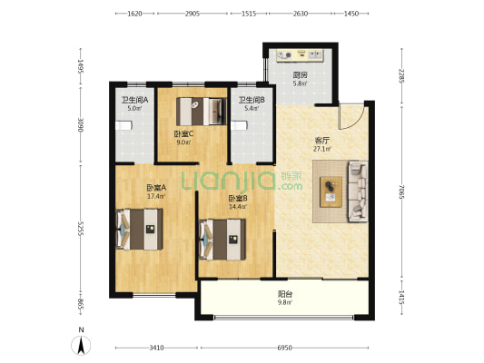 雍景园 3室1厅2卫 120平方