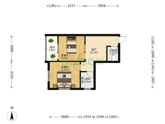 邯山南大街58号院 2室1厅1卫 49平方