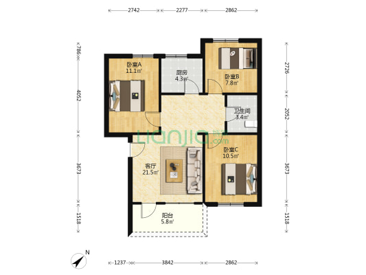富华楼东区花园 3室1厅1卫 75平方
