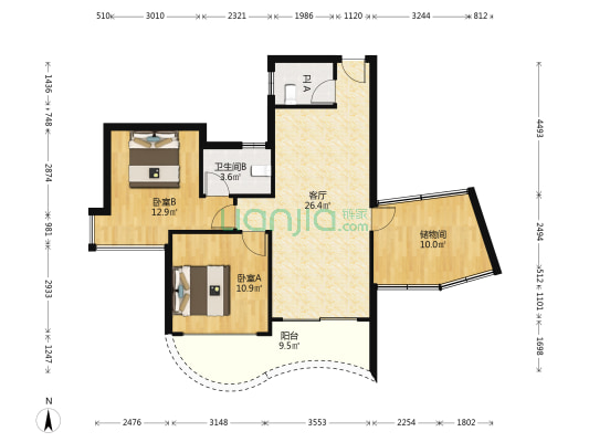 凯茵新城18区果岭国际公寓 2室1厅2卫 90平方