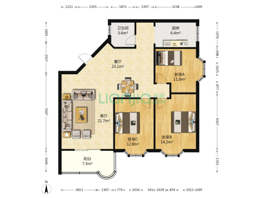 秋苑二期 3室2厅1卫 105平方
