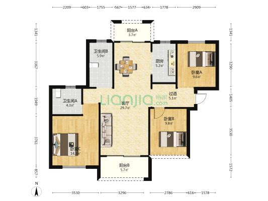 愿景壹号院 3室1厅2卫 117平方