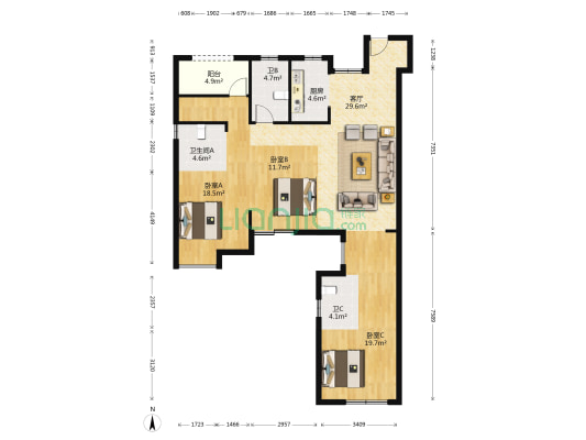 中海枫华里 3室1厅3卫 139平方