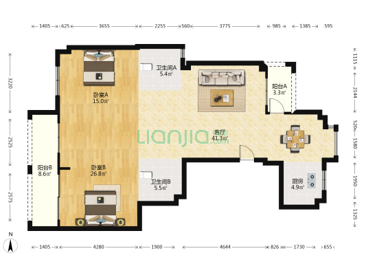 锦皓嘉园 2室1厅2卫 142平方