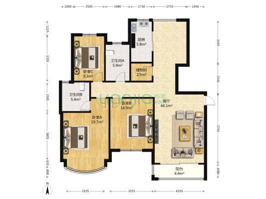 橄榄园 3室1厅2卫 127平方