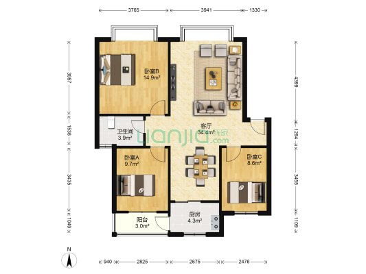 永达粼江枫景1区 3室1厅1卫 99平方