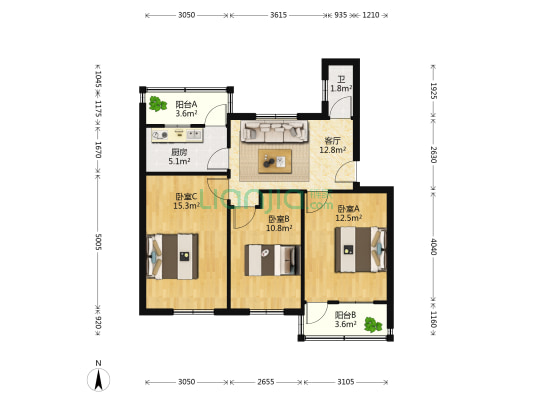经十路3520号 3室1厅1卫 80平方