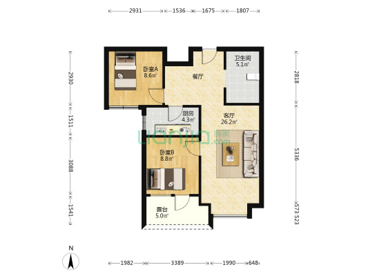 永清融创城 2室1厅1卫 80平方