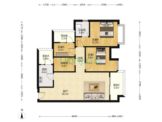 成都城投锦樾峰境 3室1厅1卫 99平方