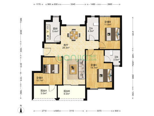 美的蝴蝶海四期 3室1厅2卫 105平方