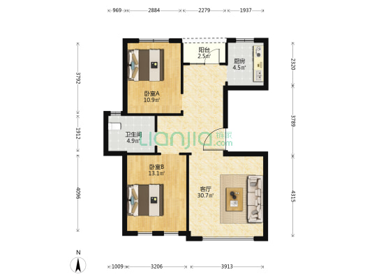尊玉华芳 2室1厅1卫 125平方
