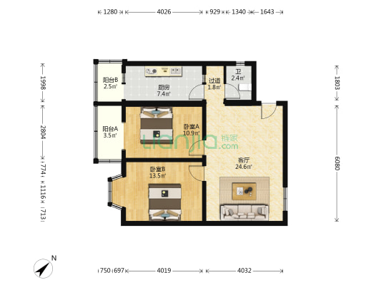 怡家新城小区 2室1厅1卫 85平方