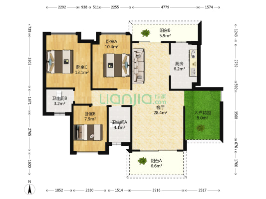 美林假日 3室1厅2卫 107平方